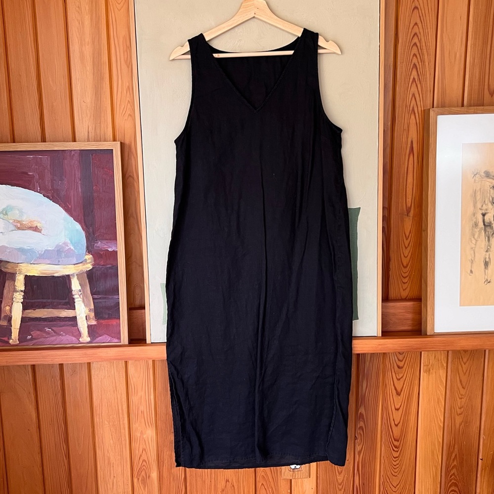 Madewell linen black v-neck sleeveless midi dress